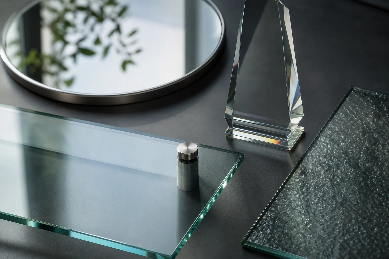 Composition d'objets en verre : miroir, tablette, trophée gravé, échantillon de douche — les services d'un maître-vitrier — Vitralux Bradtke