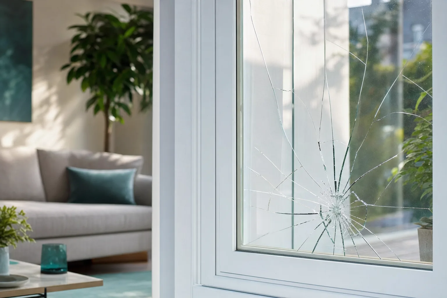 Fenêtre résidentielle au double vitrage fissuré dans un salon lumineux — bris de glace et assurance habitation au Luxembourg — Vitralux Bradtke