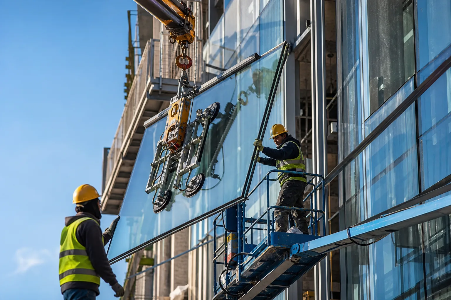 Pose de panneaux de façade en verre à la grue sur un chantier — le vitrier sur le chantier — Vitralux Bradtke Luxembourg
