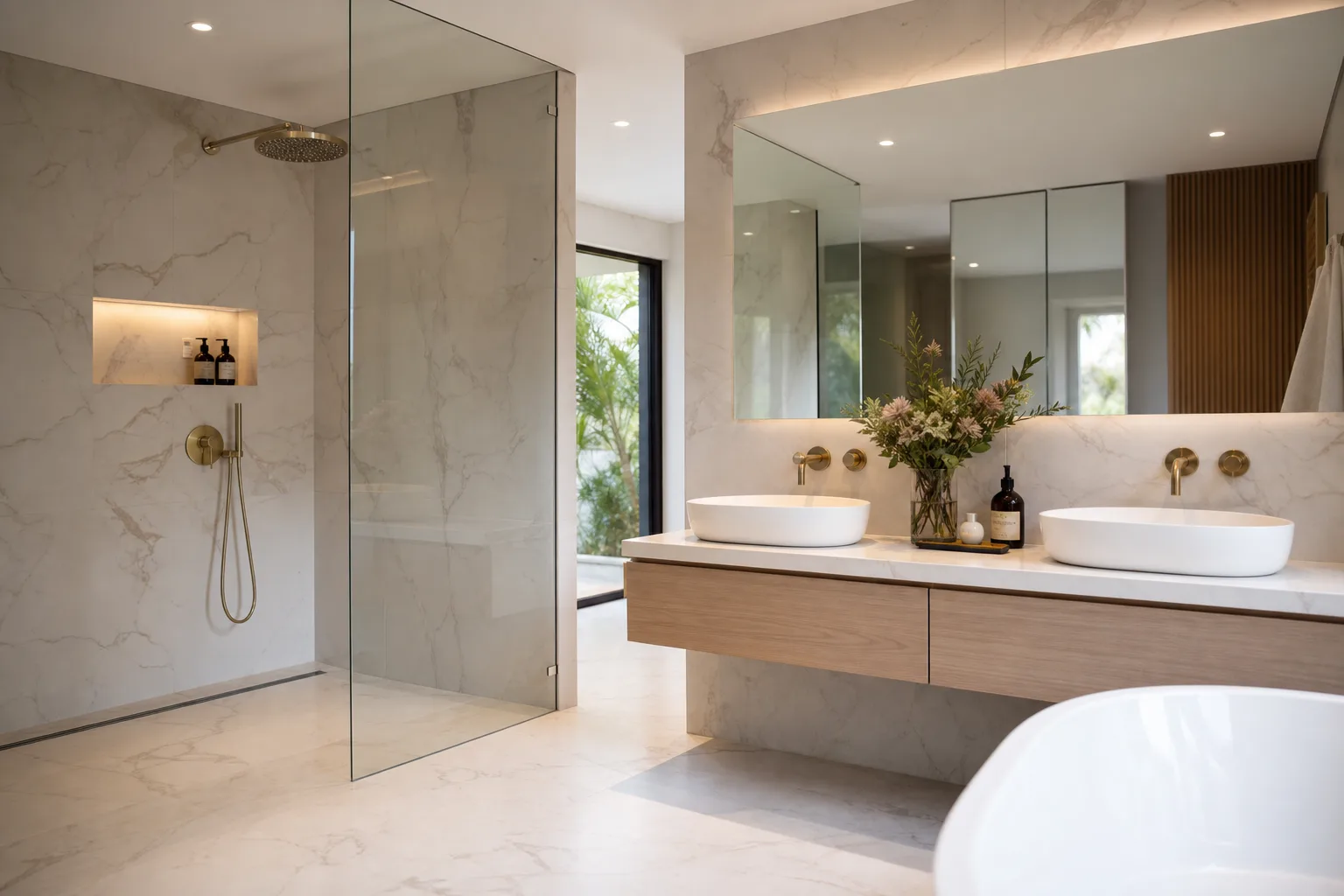 Salle de bain moderne avec paroi de douche en verre sans cadre et grand miroir — aménagement en verre — Vitralux Bradtke Luxembourg