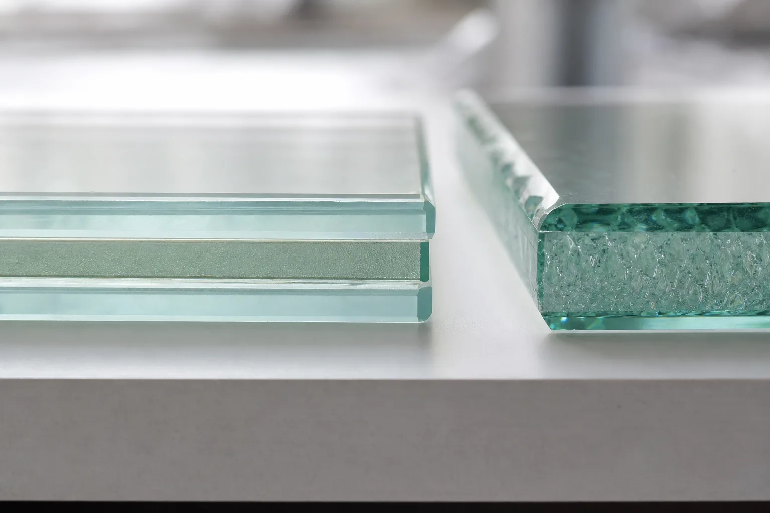 Détail d'un échantillon de verre feuilleté avec film PVB comparé au verre trempé — Vitralux Bradtke Luxembourg