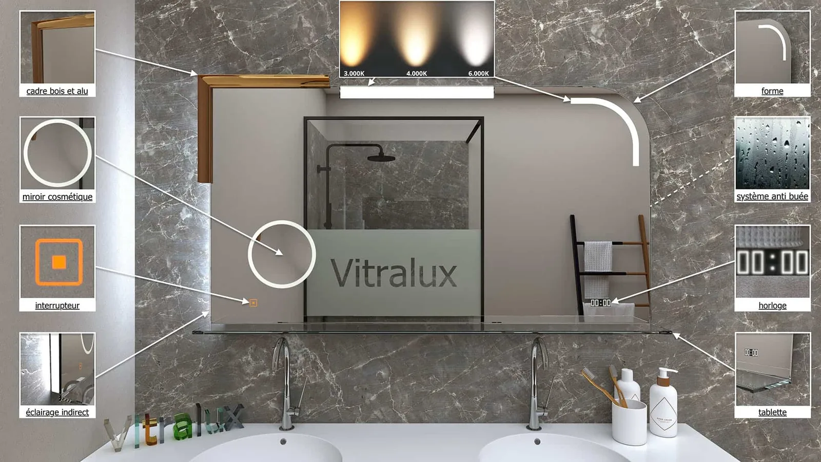 Options d'un miroir LED sur mesure Vitralux : cadre bois et alu, forme, éclairage indirect, interrupteur, miroir cosmétique, système anti-buée, horloge et tablette — miroir LED Luxembourg — Vitralux Bradtke