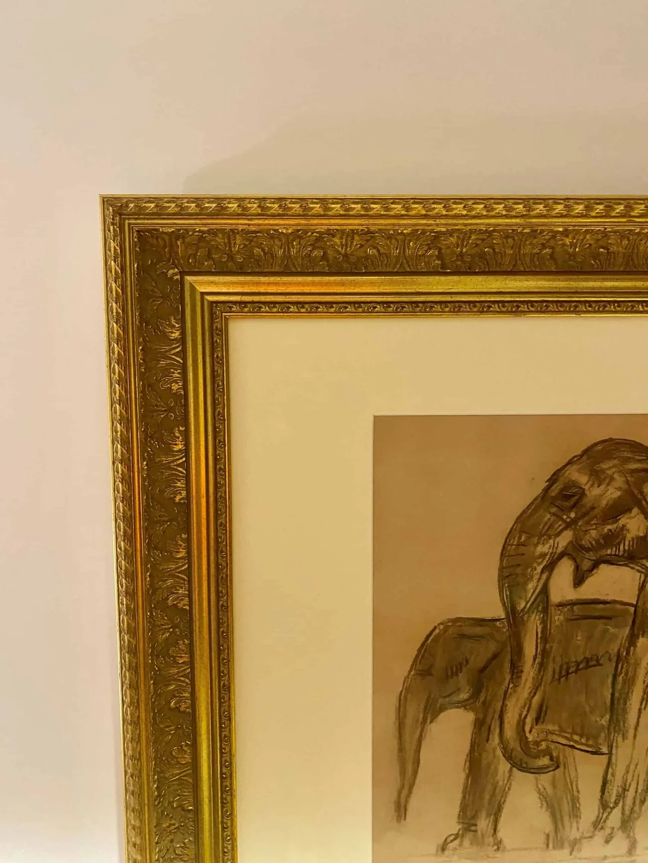 Passe-partout et baguette dorée encadrant une œuvre d'Auguste Trémont — encadrement sur mesure Luxembourg — Encadrement Bradtke