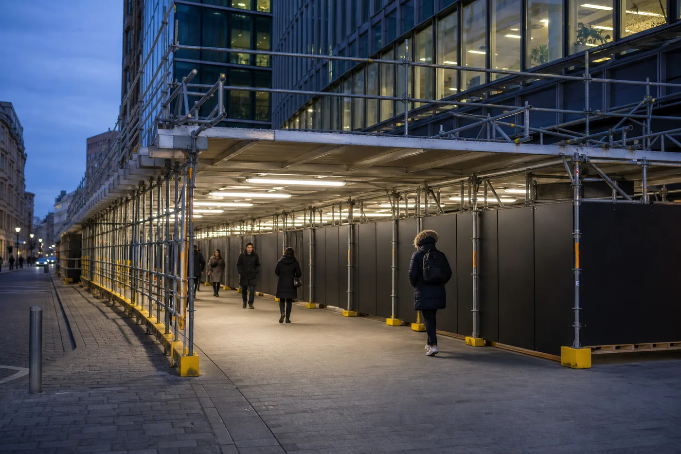 Tunnel piéton de sécurité — chantier de façade vitrée Luxembourg — Vitralux Bradtke