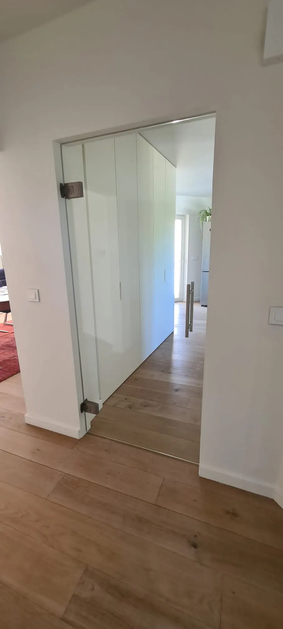 Porte en verre sur charnières mur-verre sur mesure — Vitralux Bradtke Luxembourg