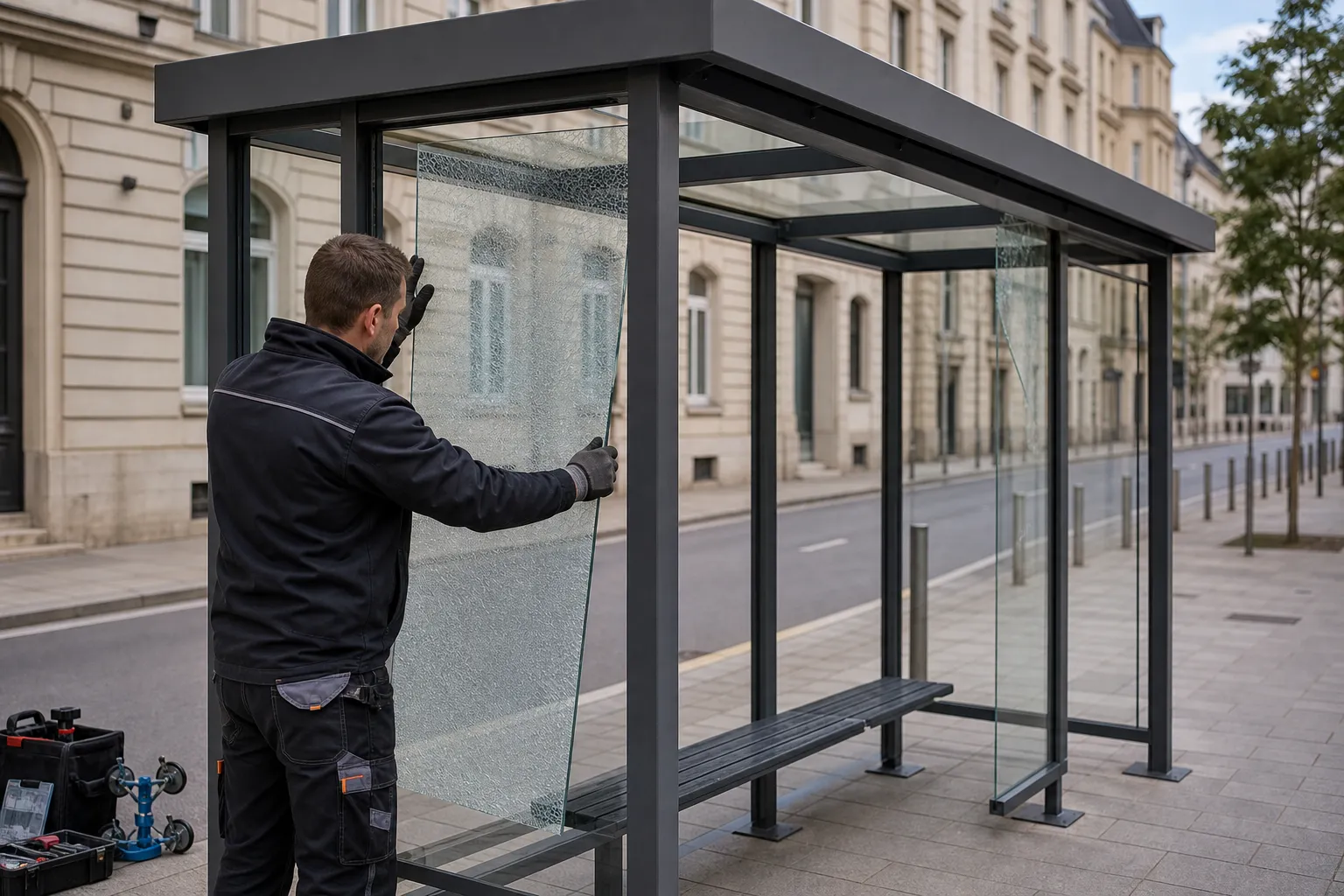 Remplacement d'un panneau vitré d'abri-bus par un technicien Vitralux — Vitrage mobilier urbain Luxembourg — Vitralux Bradtke