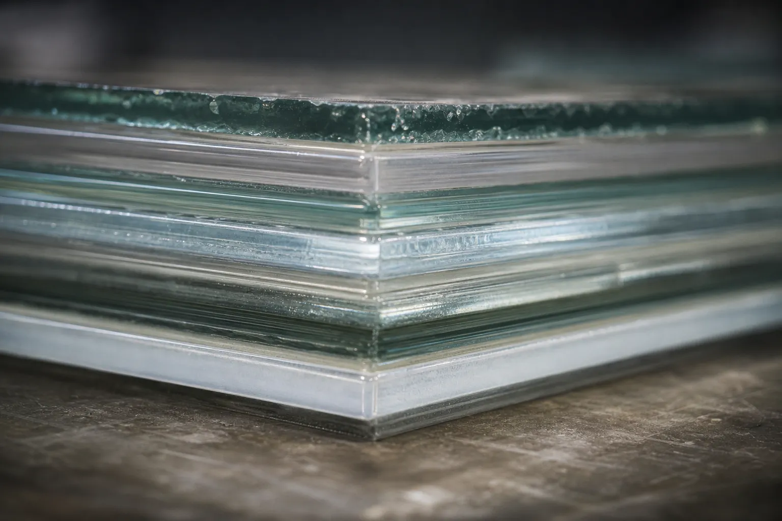 Coupe d'un verre feuilleté de sécurité multicouche verre/polycarbonate — principe du verre anti-effraction — Vitralux Bradtke
