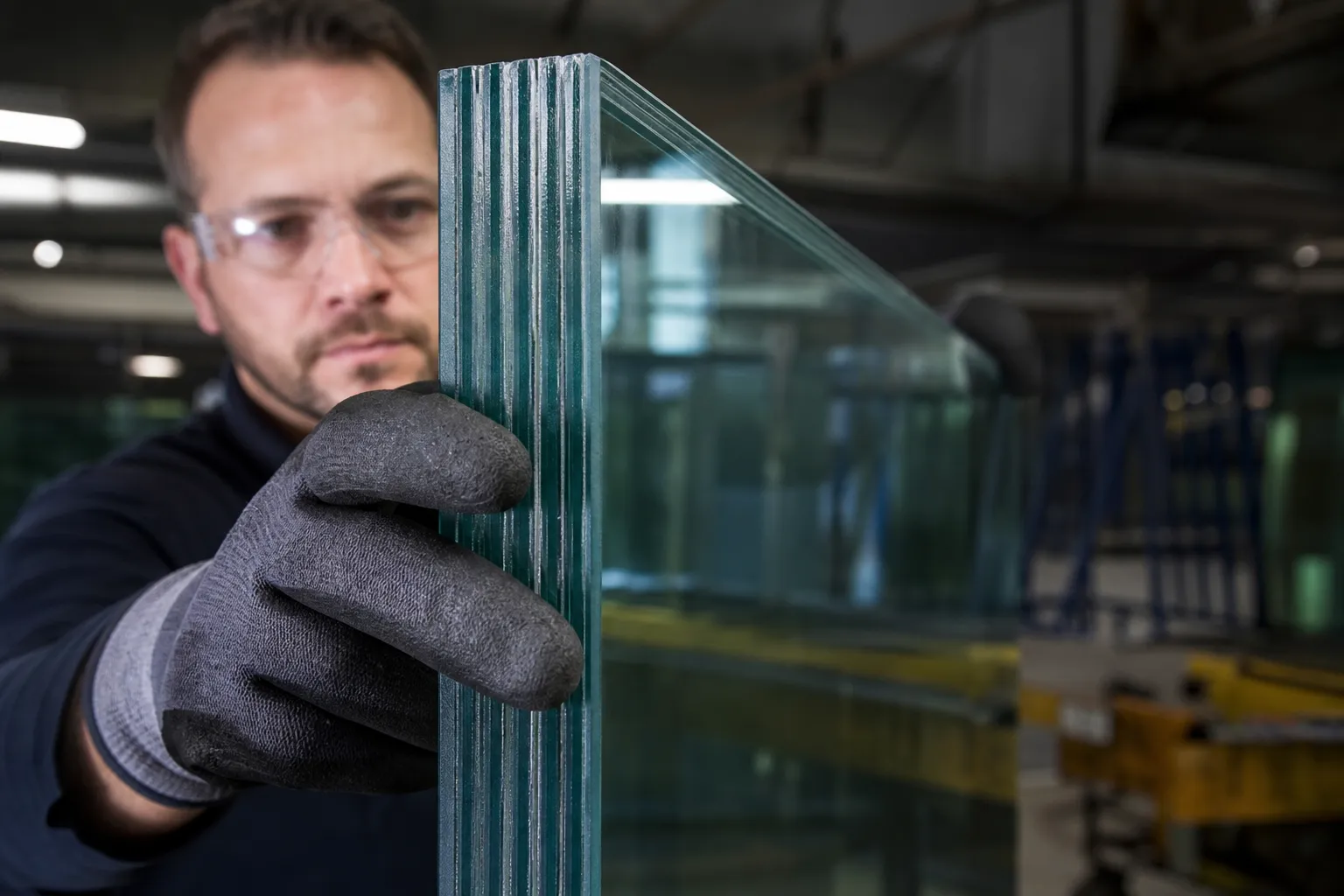 Technicien Vitralux tenant un vitrage de sécurité feuilleté multicouche — Vitrages spéciaux coupe-feu et anti-effraction Luxembourg — Vitralux Bradtke