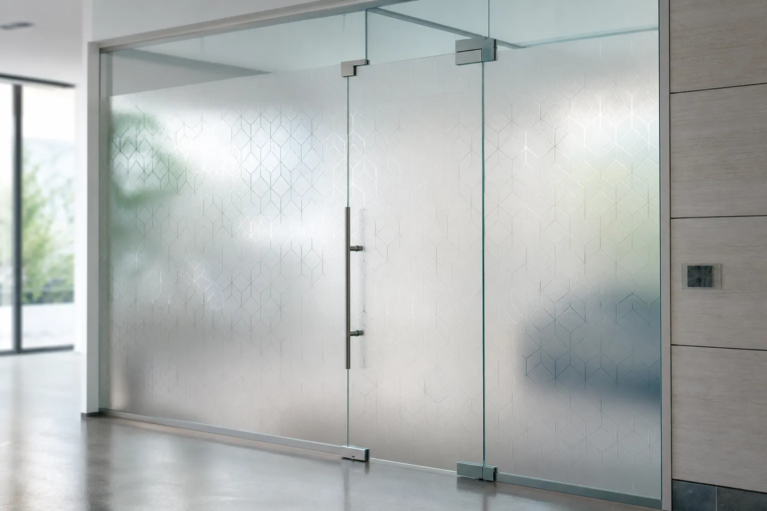 Cloison et porte en verre dépoli sablé avec motif décoratif diffusant la lumière — Sablage verre Luxembourg — Vitralux Bradtke