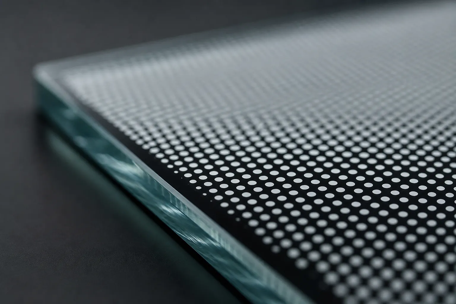 Détail d'un motif de points céramiques sérigraphié et intégré dans un verre trempé — sérigraphie sur verre Luxembourg — Vitralux Bradtke