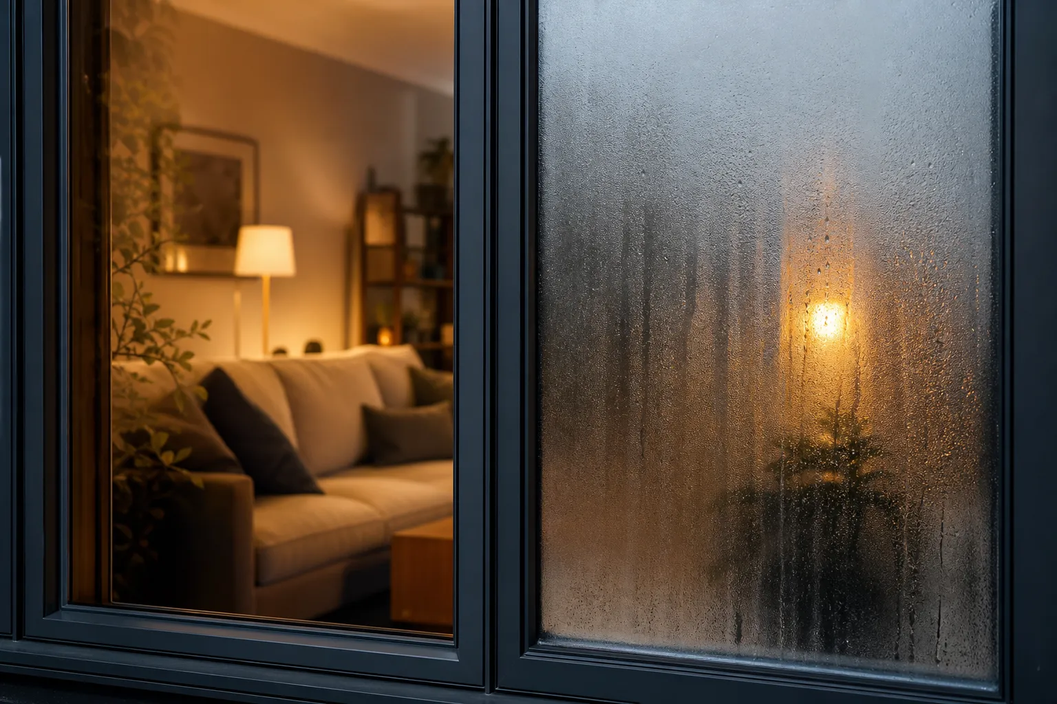 Vitrage chauffant parfaitement clair à côté d'une vitre froide embuée — anti-buée verre chauffant Luxembourg — Vitralux Bradtke