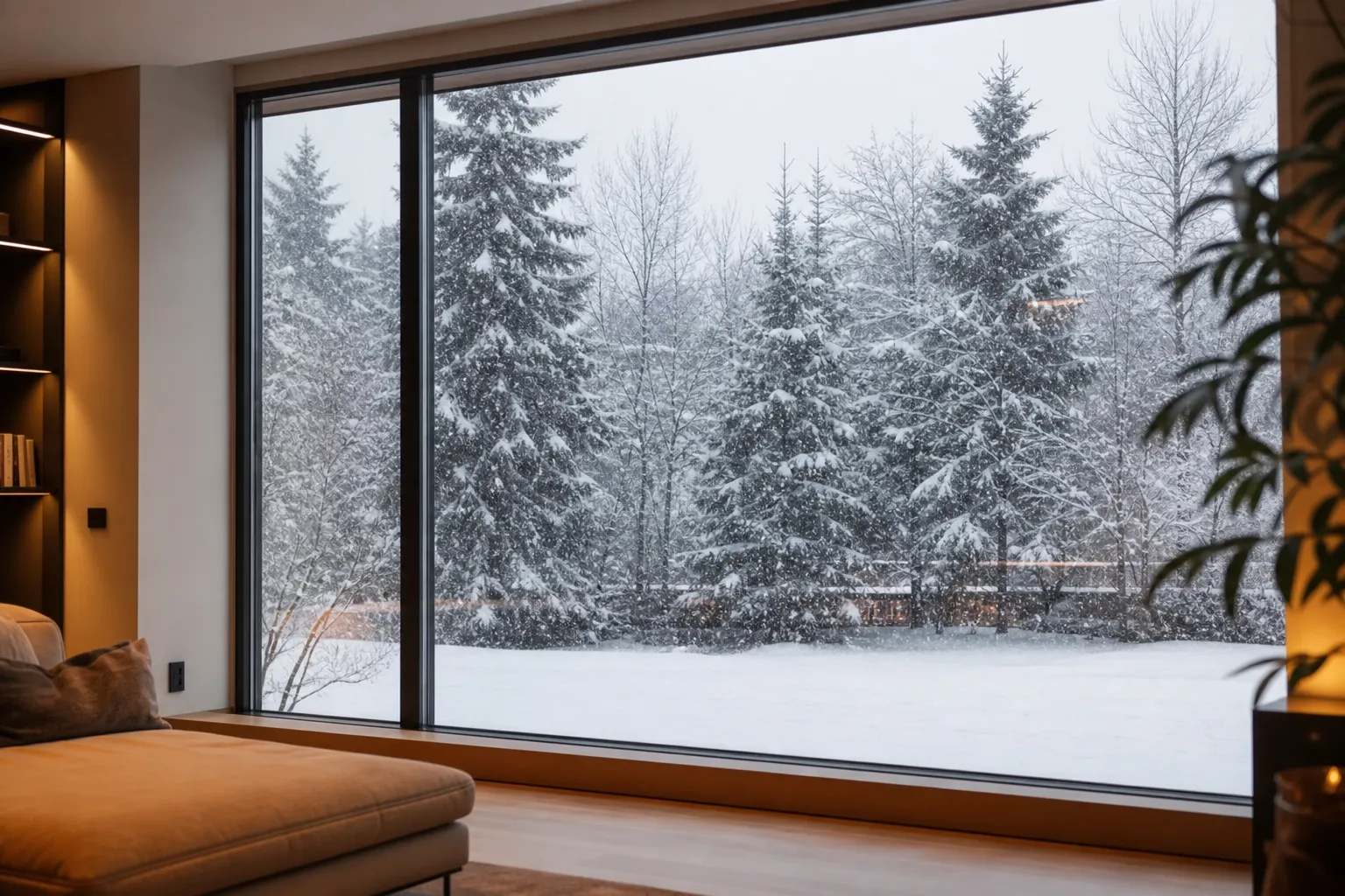 Grande baie vitrée chauffante claire et sans givre en hiver dans un séjour moderne — Verre chauffant Luxembourg — Vitralux Bradtke