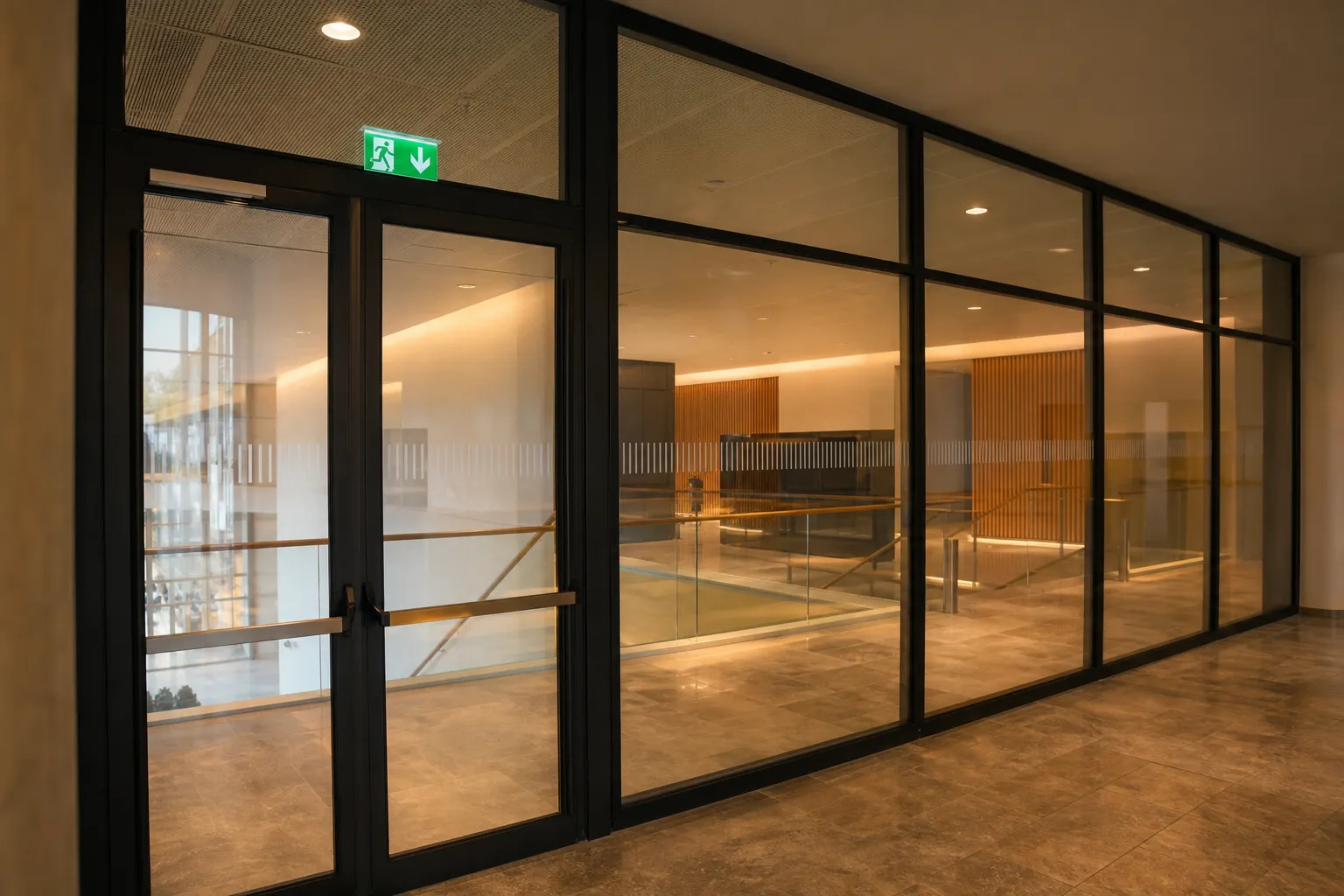 Cloison vitrée coupe-feu séparant deux zones dans un bâtiment public — compartimentage et évacuation — Vitralux Bradtke